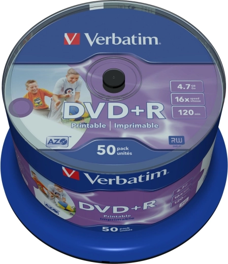 Verbatim DVD+R 4,7 GB 16x Wide Inkjet Printable - 50 tk
