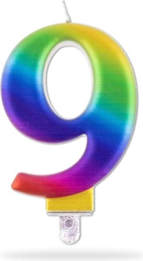 Sünnipäevaküünal number 9 vikerkaarevärviline 7,5 cm tordile torkimiseks