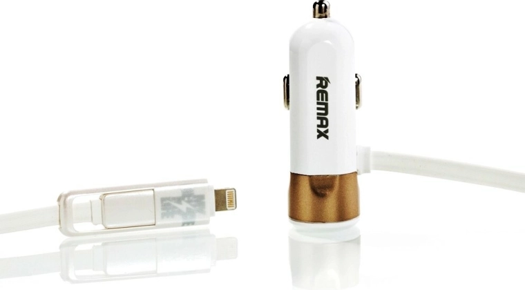 Remax auto sigaretisüütaja adapter 3,4 A koos kuldse Lightningu ja micro‑USB kaabliga