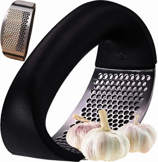Stainless steel garlic press with ergonomic handle