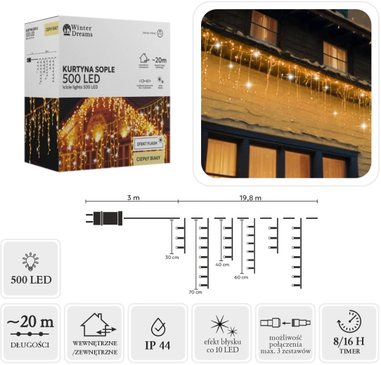 LED-jääpurikate valguskardin, 500 LED-i, soe valge külma vilkumisefektiga, 20 m