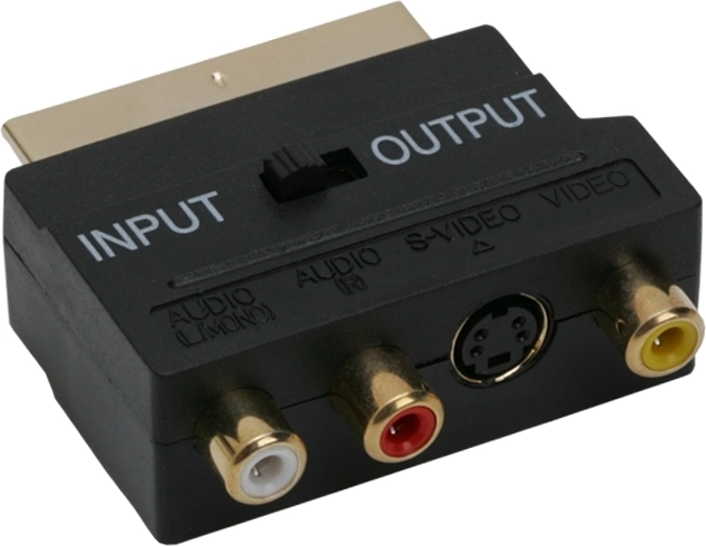 Kullatud SCART-adapter 3 RCA ja S-Video ühendusega ning lülitiga