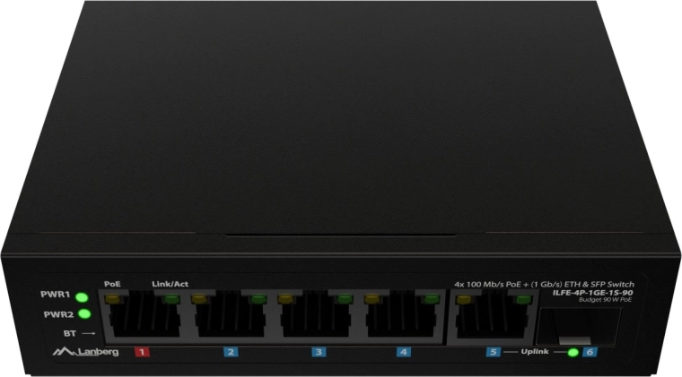 Lanberg kerge tööstuslik DIN-liistule paigaldatav PoE lüliti 4× Fast Ethernet + 1× Gigabit uplink + 1× SFP (PoE++ 90 W)