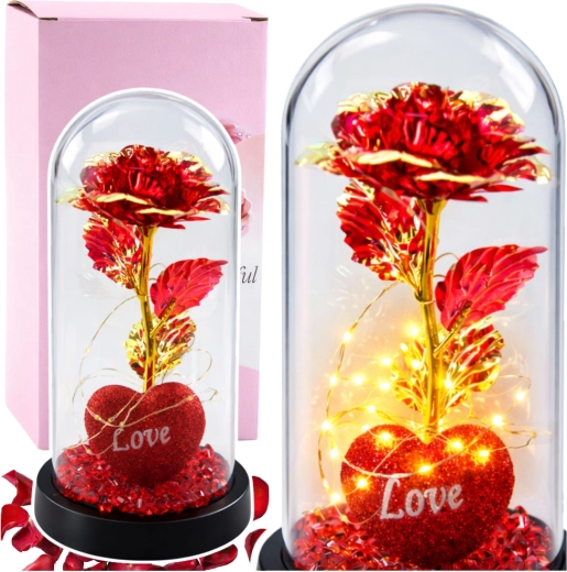 Eternal crystal rose under a dome with LED lighting – Red with a heart