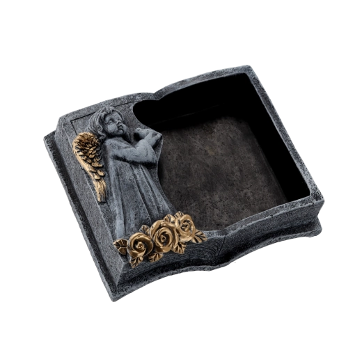 Cement cemetery planter in the shape of a book, dark gray with gold details