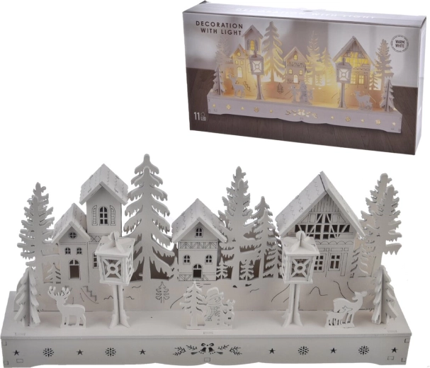 Valge LED-valgustusega puidust majake 30 cm