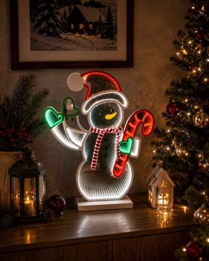 Jõulune 3D LED-dekoratsioon suhkrupulgaga lumememm, infinity-peegliefektiga – 1 tk