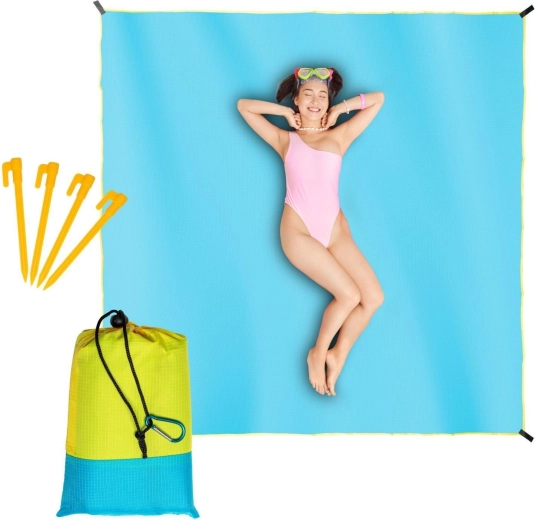 Veekindel rannamatt ja piknikutekk 210 × 200 cm, sinine kollase äärisega