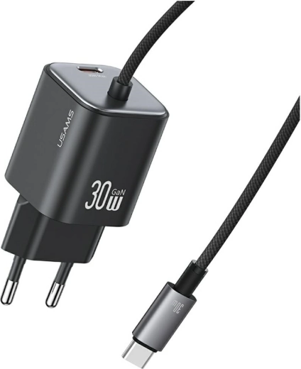 Usams jc seeria cc264 30 W GaN võrgulaadija sisseehitatud USB‑C kaabliga (must)