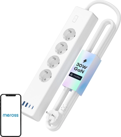 Meross nutikas toitepikendus MSP844 kiirlaadimisega, 4 pistikupesa + 2× USB‑A + 2× USB‑C (Matter)
