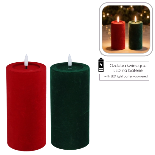 LED candle with flickering flame, red-green velvet 7.5 × 18.5 cm - 1 piece