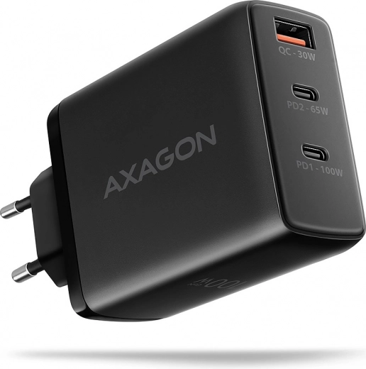 AXAGON GaN 100 W võrgulaadija, 3 porti (USB‑A + kahekordne USB‑C), must