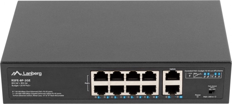 LANBERG 8-pordiline PoE+ lüliti 10/100 Mb/s koos 2× gigabitise uplinkiga racki