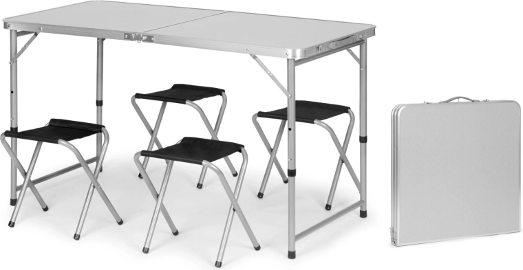 Kokkupandav matkalaud kohvris reguleeritava kõrguse ja 4 taburetiga 120 × 60 cm, hõbedane