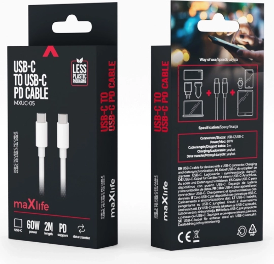 Maxlife USB‑C – USB‑C kaabel 2 m 60 W valge