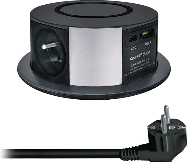 Solight väljatõmmatav pistikupesamoodul 3 pistikupesa, USB-A/USB-C PD 20 W ja Qi juhtmevaba laadimine 10 W, 2 m, must