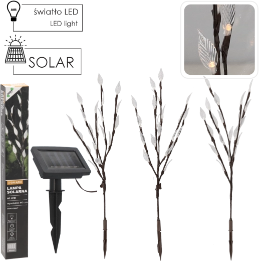 Päikeseenergial töötav aialamp 60 cm 3 oksakesega, 60 LED sooja valge