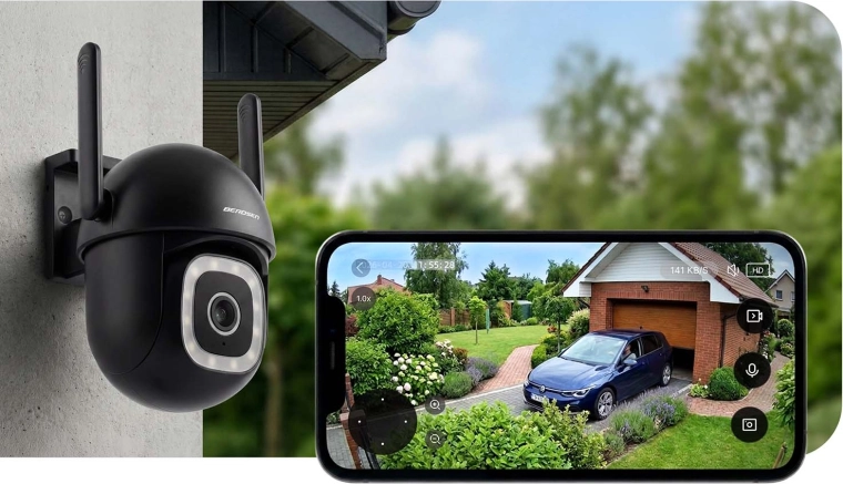 Rotating PTZ camera with no blind spots