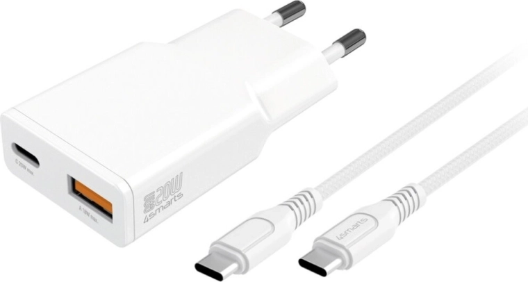 GaN 20 W võrgulaadija USB‑C ja USB‑A portidega + USB‑C kaabel 1,5 m, valge