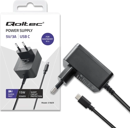 USB‑C laadija 15 W Raspberry Pi 4 jaoks Power Delivery toega – must