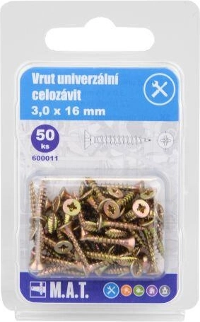 Universaalne kruvi täiskeermega 3,0 × 16 mm, tsingitud, 50 tk