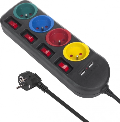 Pikenduslülitiga harupesa 4 pistikupesa + 2xUSB must