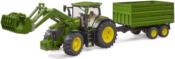 Bruder John Deere 7R 350 traktor koos frontaallaaduri ja kallutatava tandemhaagisega