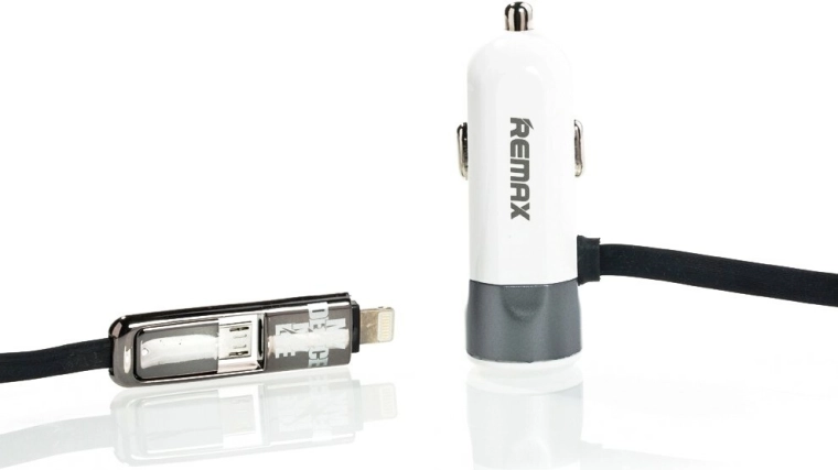 Remax auto laadija 3,4 A sisseehitatud Lightningu ja micro USB kaabliga, hall