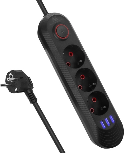 Pikendusjuhe ülepingekaitsega ja USB-ga MCE394, 3 Schuko pesa + 3× USB, 1,5 m, must