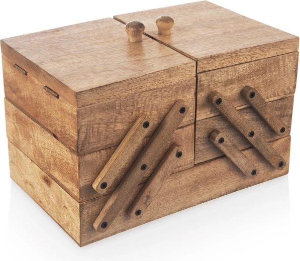 Puidust õmbluskast mangopuidust 30,5 × 18 × 21 cm, lahtikäiv kuni 71 cm