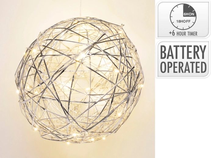 Hõbedane LED-dekoratiivkuul taimeriga, 25 cm