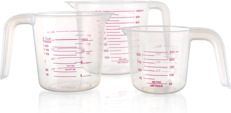 ACCASA mõõdutopsikute komplekt, 3 osa (0,25 l + 0,5 l + 1 l) – läbipaistev plast valamisnoka-ga