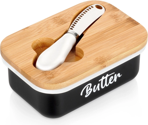 Black butter dish with bamboo lid and knife Vilde
