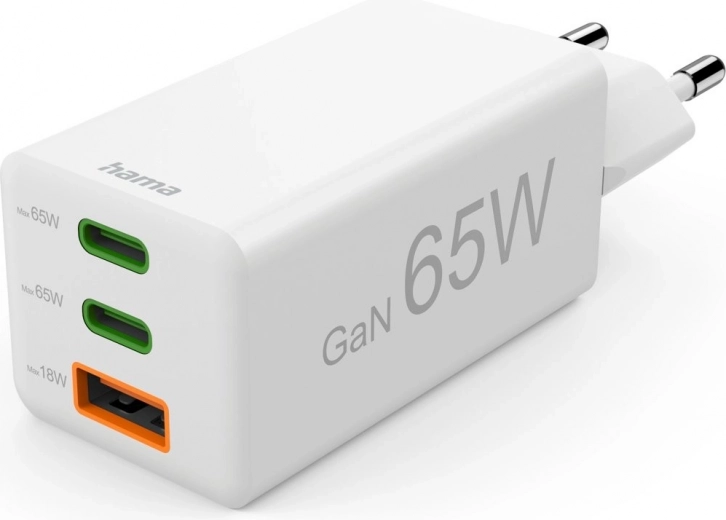 Hama GaN 65 W võrgulaadija Power Delivery ja Quick Charge'iga, 2× USB‑C + 1× USB‑A