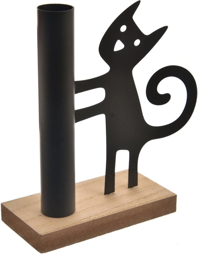 Wood and metal candle holder with cat motif