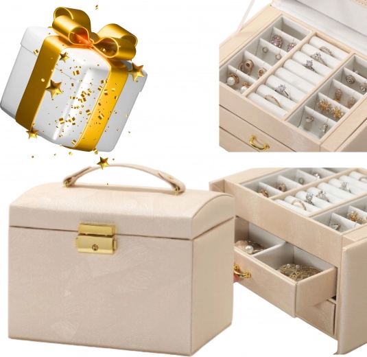 Multi-level jewelry box with handle – gold hardware, beige