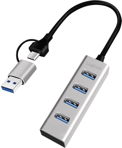 LogiLink USB 3.0 hub with 4 USB-A ports and USB-A/USB-C cable, silver