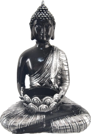 Keraamiline Buddha teeküünla alus, hõbe-must