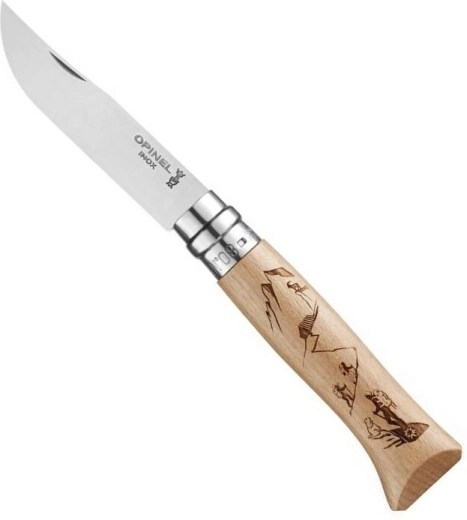 Opinel N°8 taskunuga pöögist käepidemega, mägironimise motiiv, 8,5 cm