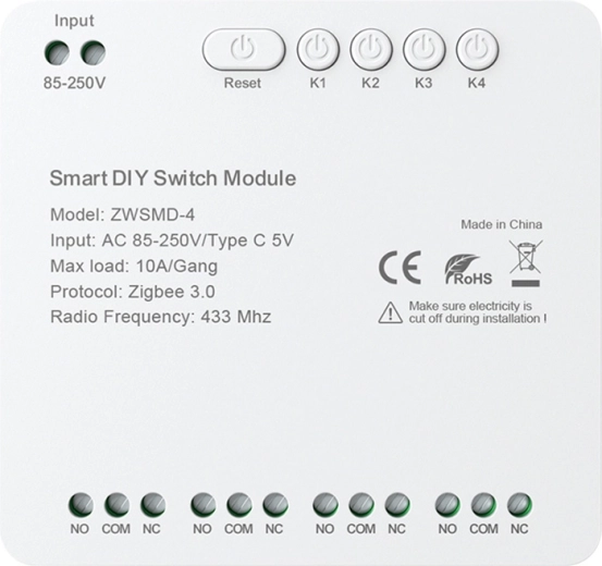 Zigbee 4-kanaliline potentsiaalivaba kontaktiga lülitusmoodul AVATTO