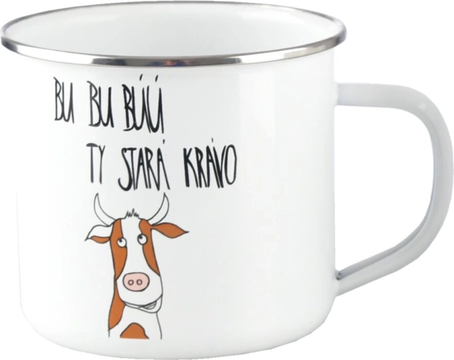Valge emailitud plekk-kruus „Bu, bu…“ 500 ml