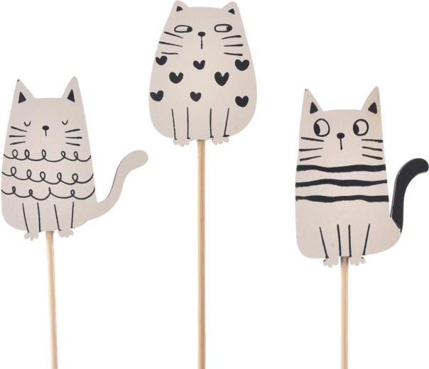 Decorative wooden plant pick Cat white/black (6 pcs)