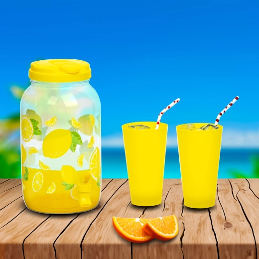 Beverage dispenser with tap and cups, 3.8 l, lemon