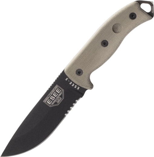 ESEE 5 osaliselt sakilise teraga, must tera, micarta käepide, Kydex-tupp