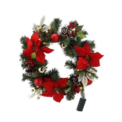 Jõulupärg 40 cm integreeritud LED-valgustusega punas-kuldses dekooris - 1 tk