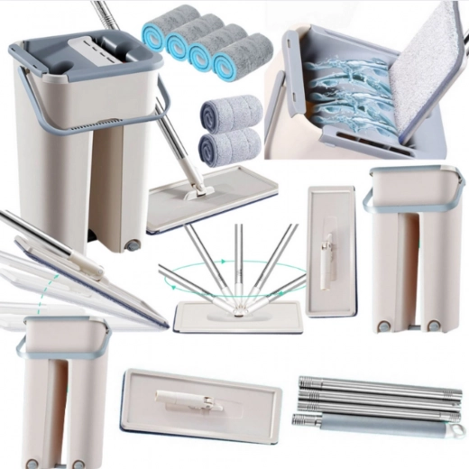 Flat Mop with Double Chamber Bucket and 2 Microfiber Attachments