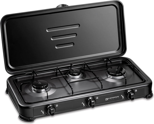 Black gas stove with three burners and a lid