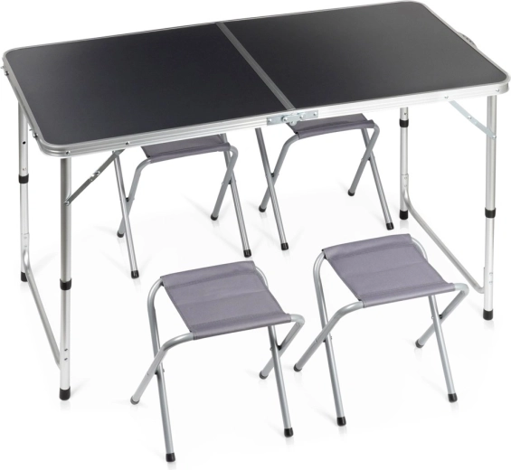 Vilde folding camping table with 4 stools, graphite, height-adjustable 120 × 60 cm