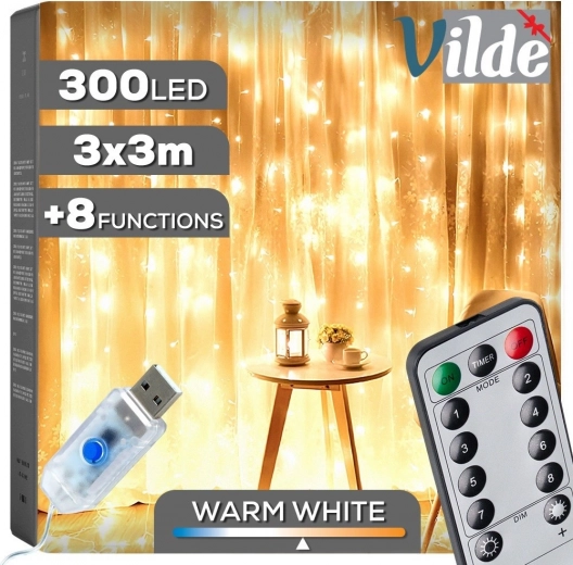 Valguskardin kaugjuhtimispuldiga 300 LED 3 × 3 m, soe valge