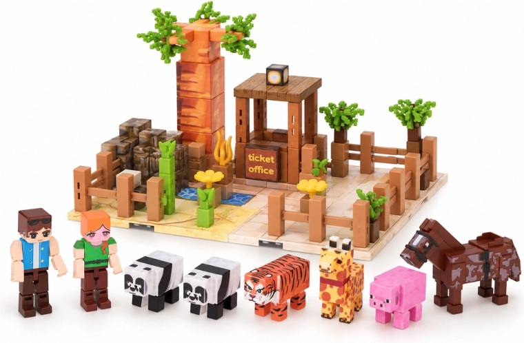 Zoo scene with animals and figurines